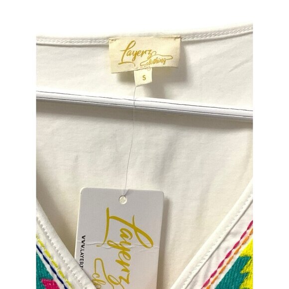 Layerz Shift Dress White Colorful Embroidered Southwestern Oversized S/S Size S - Picture 7 of 15